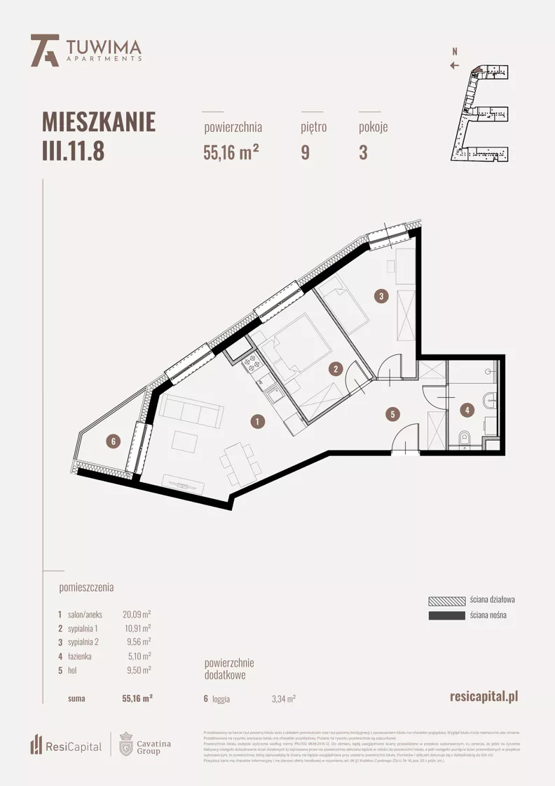 3 pokoje, mieszkanie 55,16 m², piętro 9, oferta nr III.11.8, Apartamenty Tuwima, Łódź, Śródmieście, ul. Juliana Tuwima