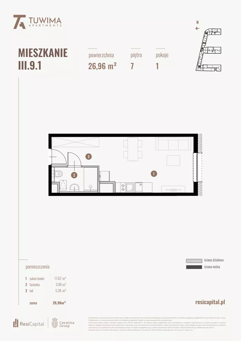 1 pokój, mieszkanie 26,96 m², piętro 7, oferta nr III.9.1, Apartamenty Tuwima, Łódź, Śródmieście, ul. Juliana Tuwima