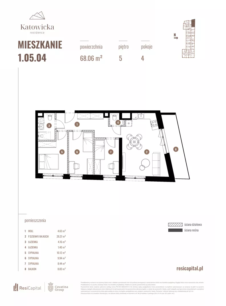 4 pokoje, apartament 68,06 m², piętro 5, oferta nr 1.05.04., Katowicka Residence, Katowice, Bogucice, ul. Katowicka