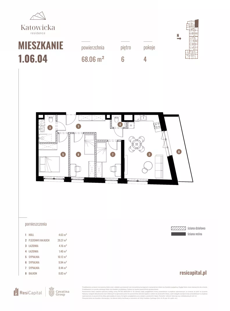 4 pokoje, apartament 68,06 m², piętro 6, oferta nr 1.06.04., Katowicka Residence, Katowice, Bogucice, ul. Katowicka