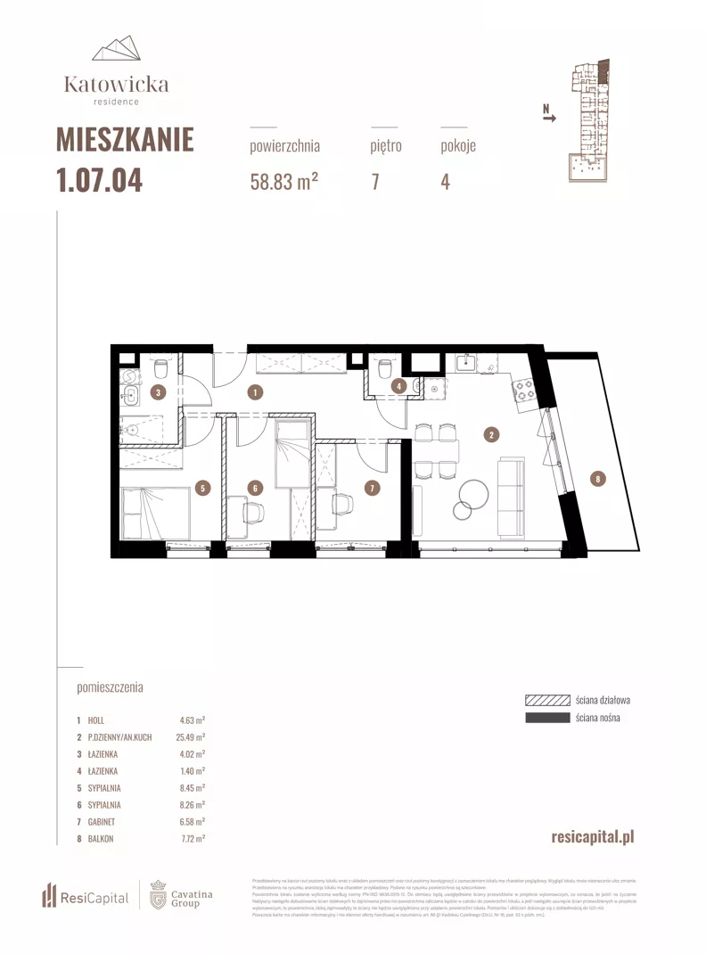 4 pokoje, apartament 58,83 m², piętro 7, oferta nr 1.07.04., Katowicka Residence, Katowice, Bogucice, ul. Katowicka