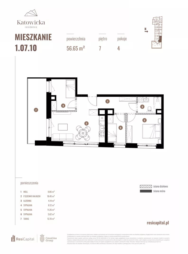 4 pokoje, apartament 56,65 m², piętro 7, oferta nr 1.07.10., Katowicka Residence, Katowice, Bogucice, ul. Katowicka
