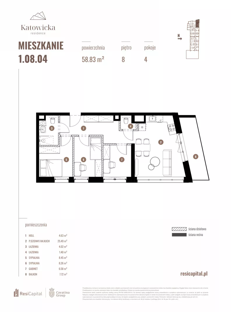 4 pokoje, apartament 58,83 m², piętro 8, oferta nr 1.08.04., Katowicka Residence, Katowice, Bogucice, ul. Katowicka