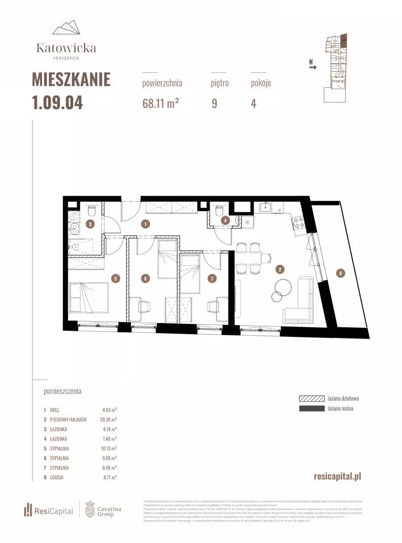 4 pokoje, apartament 68,11 m², piętro 9, oferta nr 1.09.04., Katowicka Residence, Katowice, Bogucice, ul. Katowicka