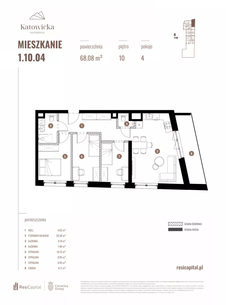 4 pokoje, apartament 68,08 m², piętro 10, oferta nr 1.10.04., Katowicka Residence, Katowice, Bogucice, ul. Katowicka