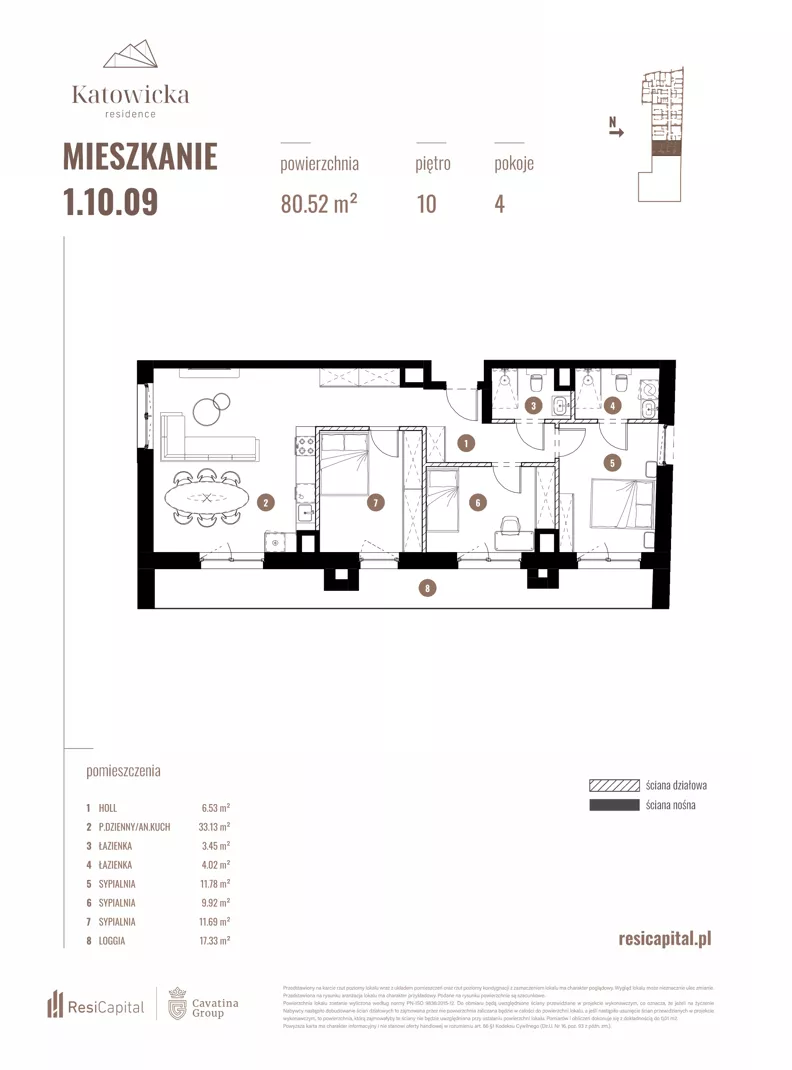 4 pokoje, apartament 80,52 m², piętro 10, oferta nr 1.10.09., Katowicka Residence, Katowice, Bogucice, ul. Katowicka