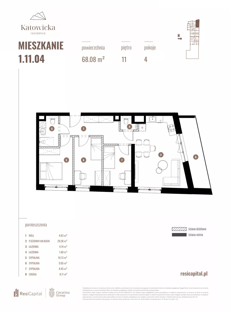 4 pokoje, apartament 68,08 m², piętro 11, oferta nr 1.11.04., Katowicka Residence, Katowice, Bogucice, ul. Katowicka