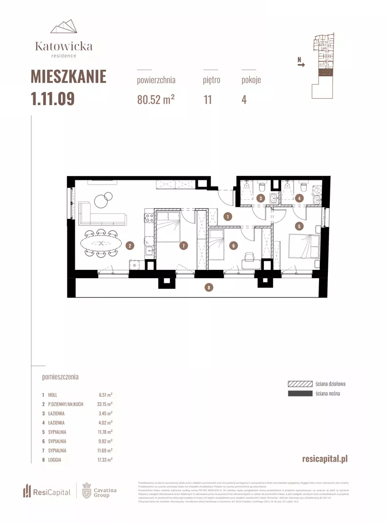 4 pokoje, apartament 80,52 m², piętro 11, oferta nr 1.11.09., Katowicka Residence, Katowice, Bogucice, ul. Katowicka