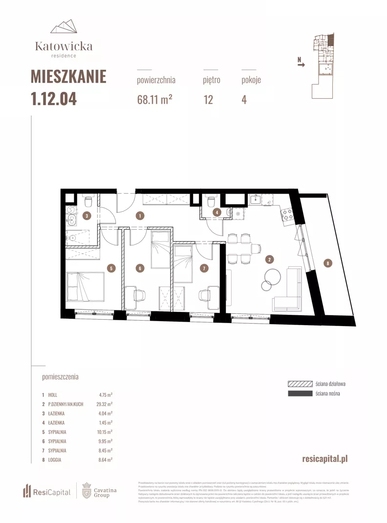 4 pokoje, apartament 68,11 m², piętro 12, oferta nr 1.12.04., Katowicka Residence, Katowice, Bogucice, ul. Katowicka