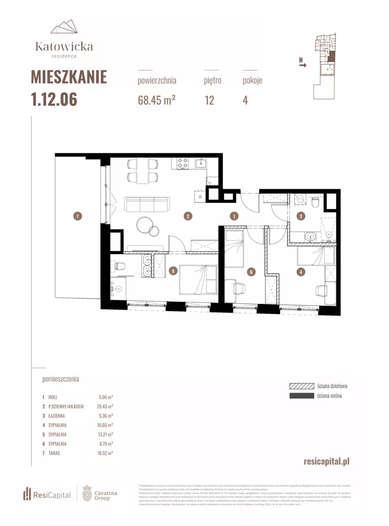 4 pokoje, apartament 68,45 m², piętro 12, oferta nr 1.12.06., Katowicka Residence, Katowice, Bogucice, ul. Katowicka