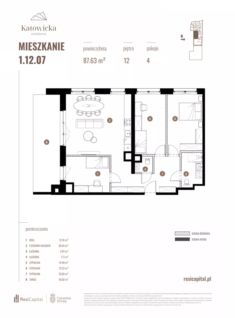 4 pokoje, apartament 87,63 m², piętro 12, oferta nr 1.12.07., Katowicka Residence, Katowice, Bogucice, ul. Katowicka