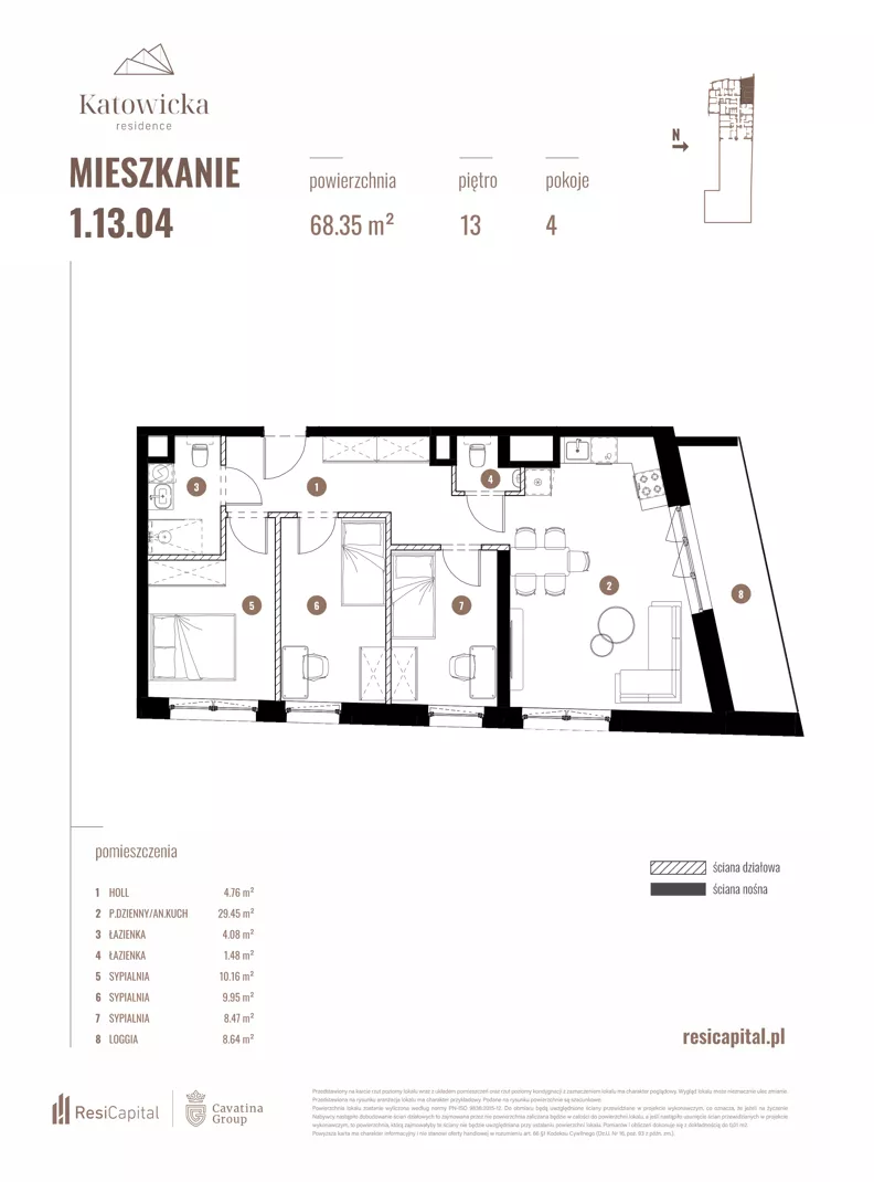 4 pokoje, apartament 68,35 m², piętro 13, oferta nr 1.13.04., Katowicka Residence, Katowice, Bogucice, ul. Katowicka