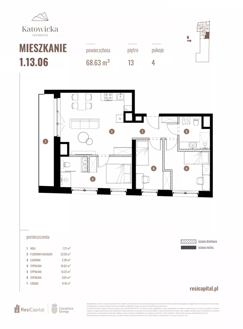 4 pokoje, apartament 68,63 m², piętro 13, oferta nr 1.13.06., Katowicka Residence, Katowice, Bogucice, ul. Katowicka