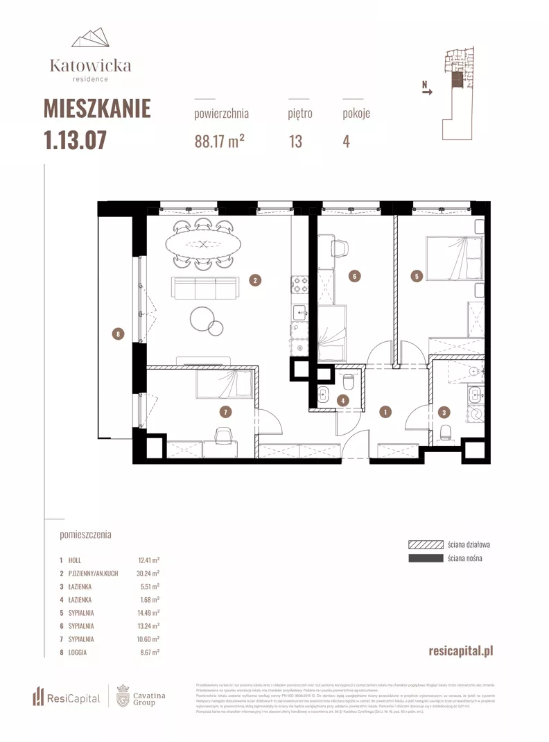 4 pokoje, apartament 88,17 m², piętro 13, oferta nr 1.13.07., Katowicka Residence, Katowice, Bogucice, ul. Katowicka