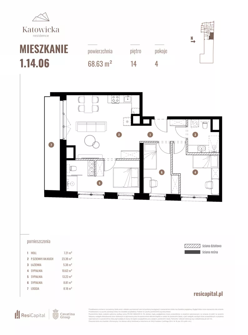 4 pokoje, apartament 68,63 m², piętro 14, oferta nr 1.14.06., Katowicka Residence, Katowice, Bogucice, ul. Katowicka
