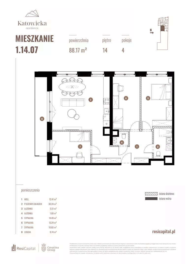 4 pokoje, apartament 88,17 m², piętro 14, oferta nr 1.14.07., Katowicka Residence, Katowice, Bogucice, ul. Katowicka
