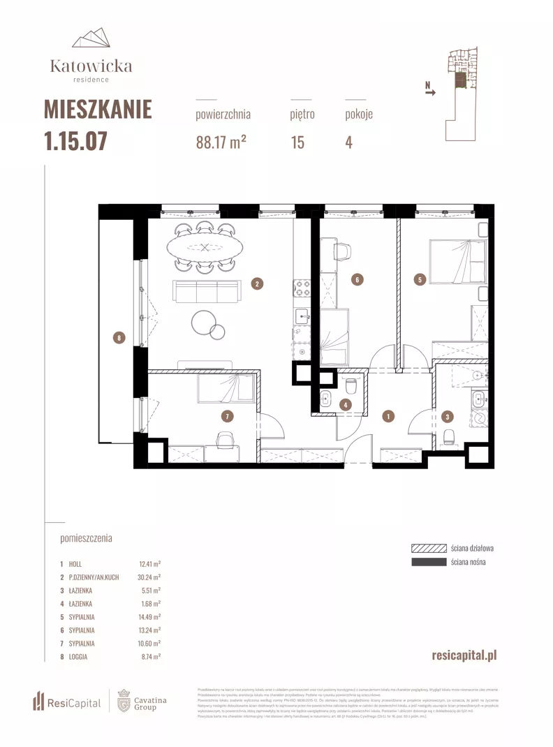 4 pokoje, apartament 88,17 m², piętro 15, oferta nr 1.15.07., Katowicka Residence, Katowice, Bogucice, ul. Katowicka