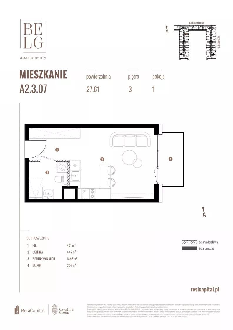 1 pokój, mieszkanie 27,61 m², piętro 3, oferta nr A2.3.07, Belg Apartamenty II, Katowice, Śródmieście, ul. Przemysłowa 3