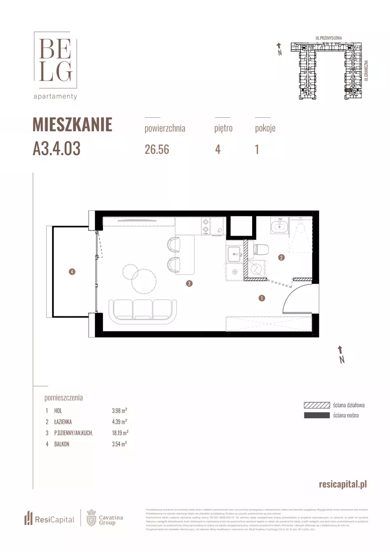 1 pokój, mieszkanie 26,56 m², piętro 4, oferta nr A3.4.03, Belg Apartamenty II, Katowice, Śródmieście, ul. Przemysłowa 3