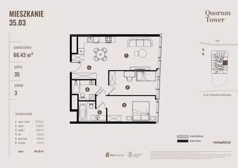 1 pokój, apartament 66,43 m², piętro 35, oferta nr 35.03., Quorum Tower, Wrocław, Szczepin, ul. gen. W. Sikorskiego 15