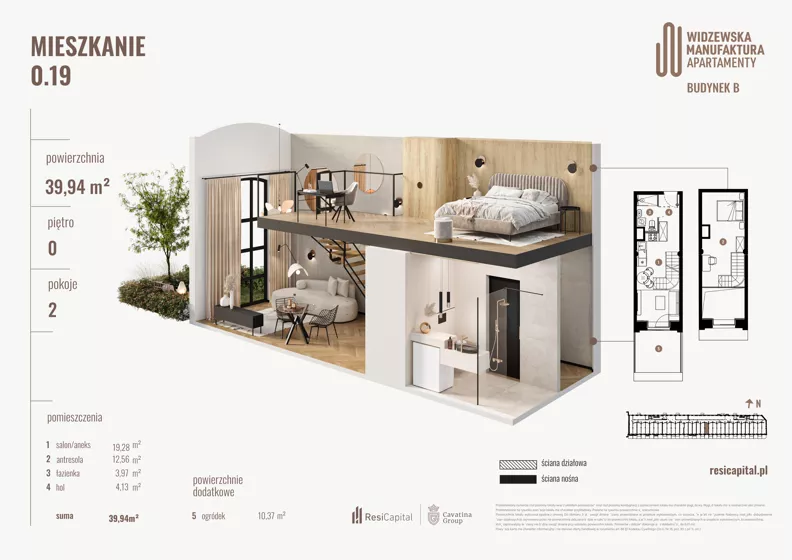 2 pokoje, mieszkanie 39,94 m², parter, oferta nr B.00.19., Wima Apartments, Łódź, Widzew, Stary Widzew, al. Piłsudskiego 135