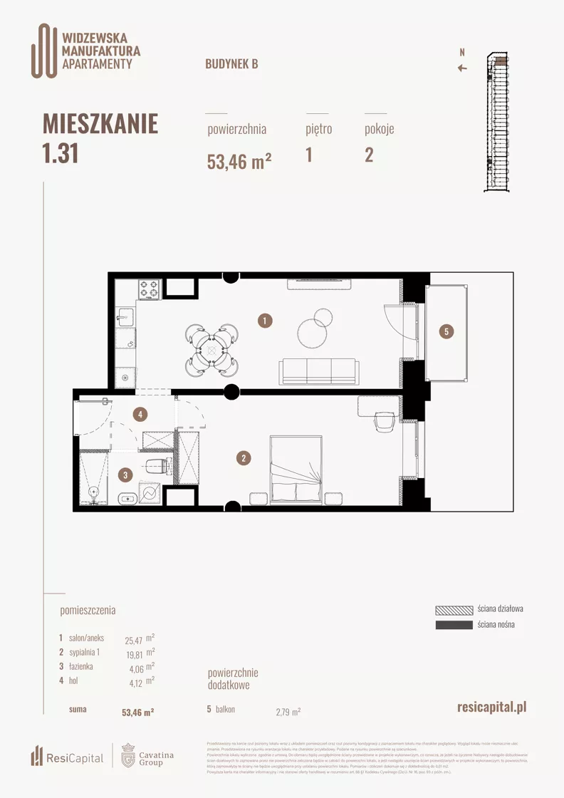 2 pokoje, mieszkanie 53,46 m², piętro 1, oferta nr B.01.31., Wima Apartments, Łódź, Widzew, Stary Widzew, al. Piłsudskiego 135