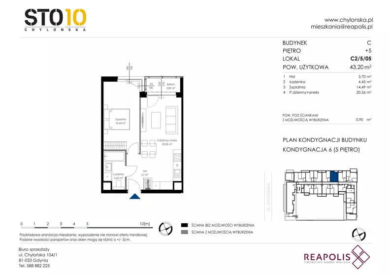 2 pokoje, apartament 43,27 m², piętro 5, oferta nr CH110/M/C2.5.05, STO10 Chylońska, Gdynia, Chylonia, ul. Chylońska 108