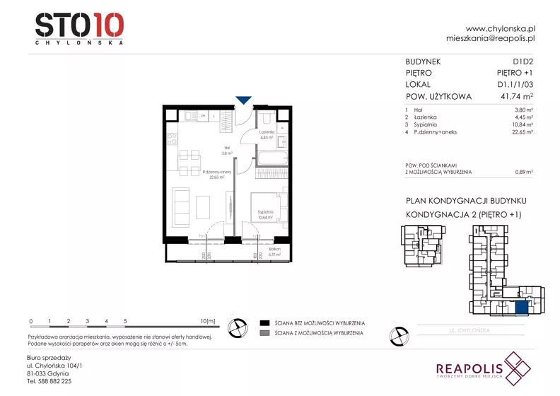 2 pokoje, mieszkanie 41,74 m², piętro 1, oferta nr CH110/M/D1.1.1.03, STO10 Chylońska - Etap 4, Gdynia, Chylonia, ul. Chylońska 110, 110c