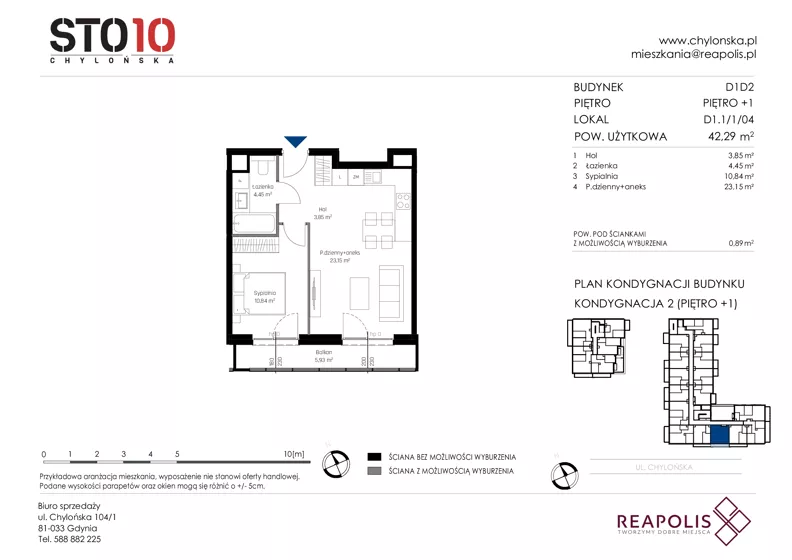 2 pokoje, mieszkanie 42,29 m², piętro 1, oferta nr CH110/M/D1.1.1.04, STO10 Chylońska - Etap 4, Gdynia, Chylonia, ul. Chylońska 110, 110c