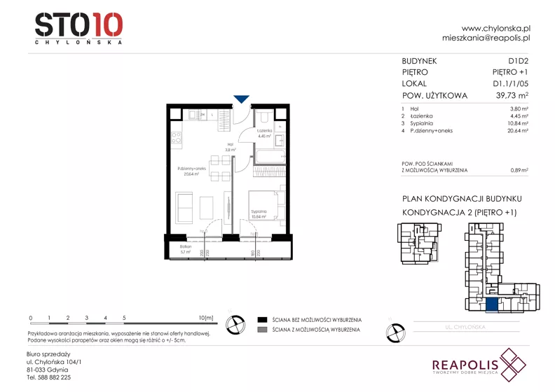 2 pokoje, mieszkanie 39,73 m², piętro 1, oferta nr CH110/M/D1.1.1.05, STO10 Chylońska - Etap 4, Gdynia, Chylonia, ul. Chylońska 110, 110c