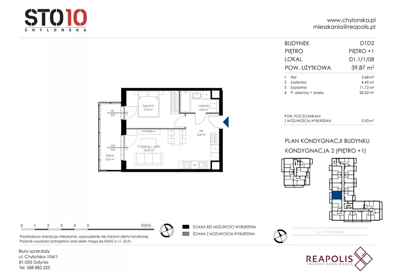 2 pokoje, mieszkanie 39,87 m², piętro 1, oferta nr CH110/M/D1.1.1.08, STO10 Chylońska - Etap 4, Gdynia, Chylonia, ul. Chylońska 110, 110c