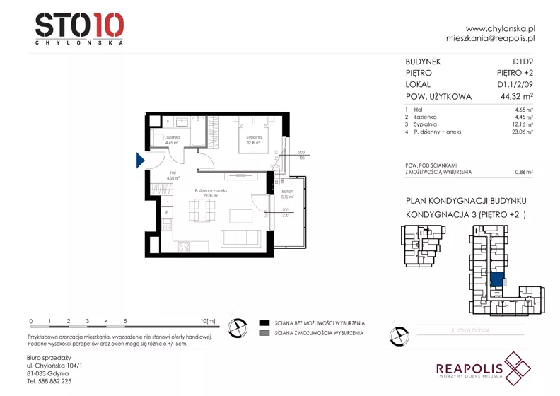 2 pokoje, mieszkanie 44,32 m², piętro 2, oferta nr CH110/M/D1.1.2.09, STO10 Chylońska - Etap 4, Gdynia, Chylonia, ul. Chylońska 110, 110c