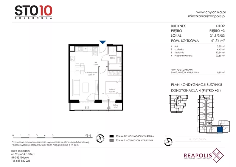 2 pokoje, mieszkanie 41,74 m², piętro 3, oferta nr CH110/M/D1.1.3.03, STO10 Chylońska - Etap 4, Gdynia, Chylonia, ul. Chylońska 110, 110c