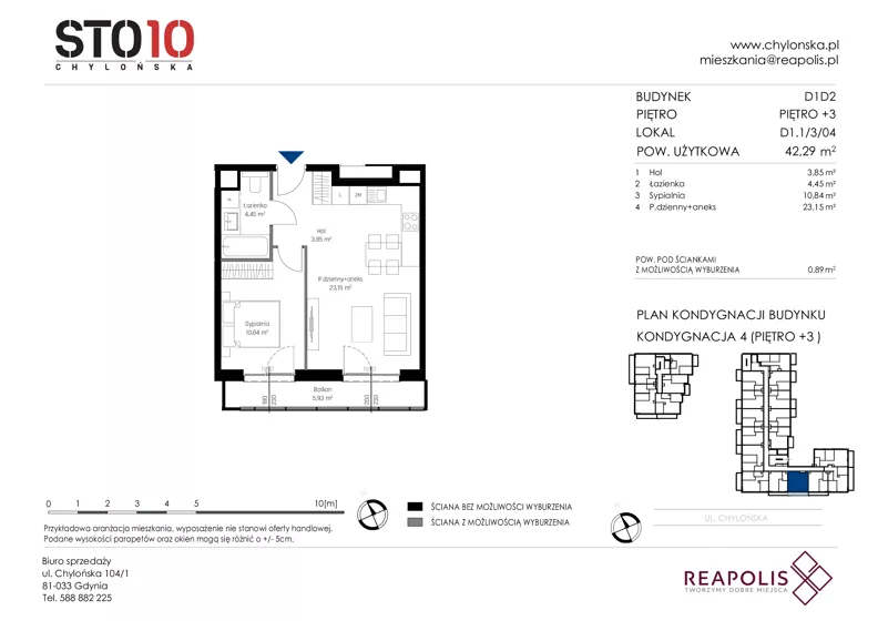 2 pokoje, mieszkanie 42,29 m², piętro 3, oferta nr CH110/M/D1.1.3.04, STO10 Chylońska - Etap 4, Gdynia, Chylonia, ul. Chylońska 110, 110c