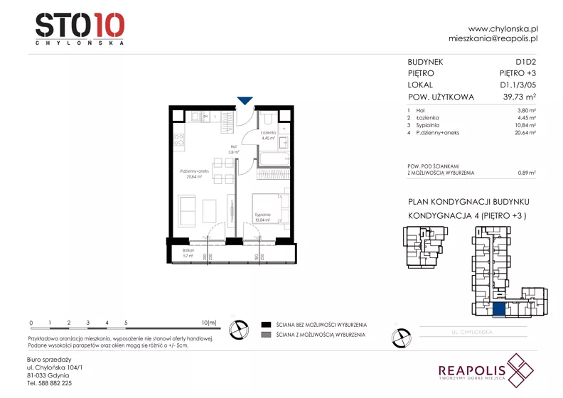 2 pokoje, mieszkanie 39,73 m², piętro 3, oferta nr CH110/M/D1.1.3.05, STO10 Chylońska - Etap 4, Gdynia, Chylonia, ul. Chylońska 110, 110c