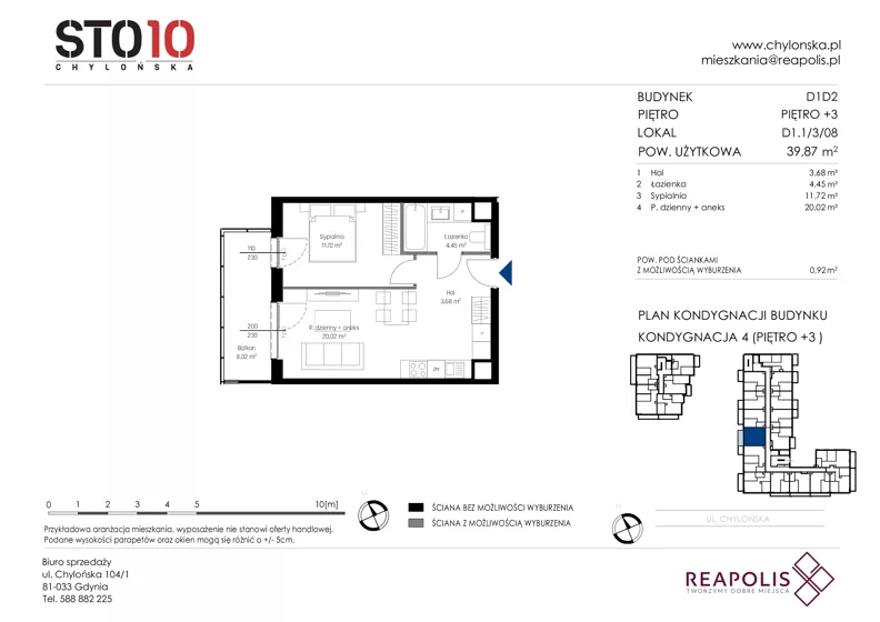 2 pokoje, mieszkanie 39,87 m², piętro 3, oferta nr CH110/M/D1.1.3.08, STO10 Chylońska - Etap 4, Gdynia, Chylonia, ul. Chylońska 110, 110c