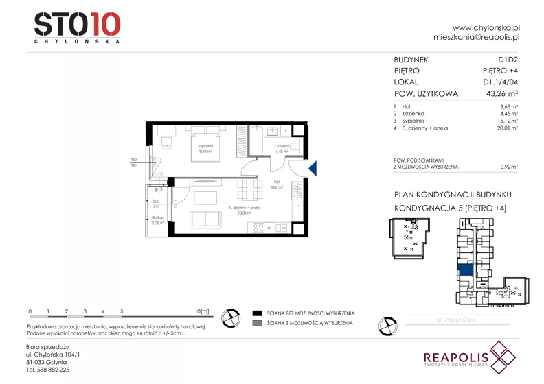 2 pokoje, mieszkanie 43,26 m², piętro 4, oferta nr CH110/M/D1.1.4.04, STO10 Chylońska - Etap 4, Gdynia, Chylonia, ul. Chylońska 110, 110c