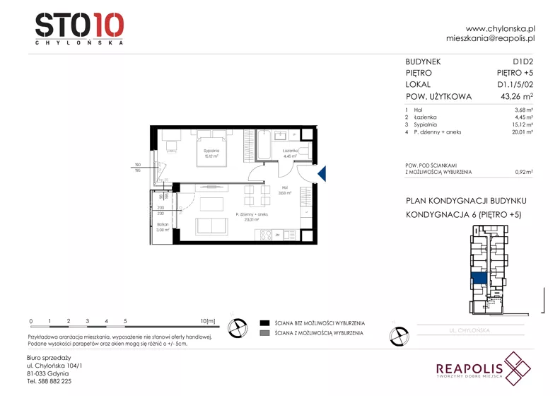 2 pokoje, mieszkanie 43,26 m², piętro 5, oferta nr CH110/M/D1.1.5.02, STO10 Chylońska - Etap 4, Gdynia, Chylonia, ul. Chylońska 110, 110c