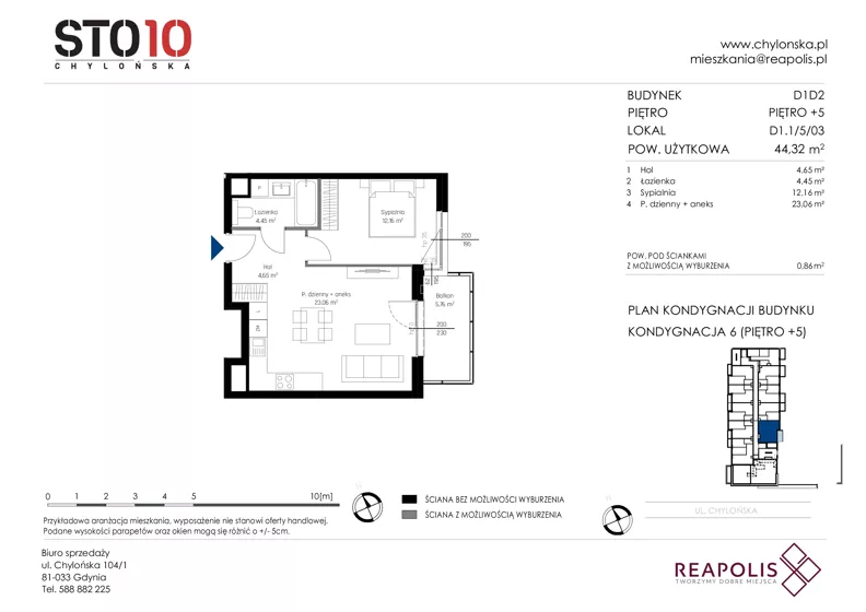 2 pokoje, mieszkanie 44,32 m², piętro 5, oferta nr CH110/M/D1.1.5.03, STO10 Chylońska - Etap 4, Gdynia, Chylonia, ul. Chylońska 110, 110c