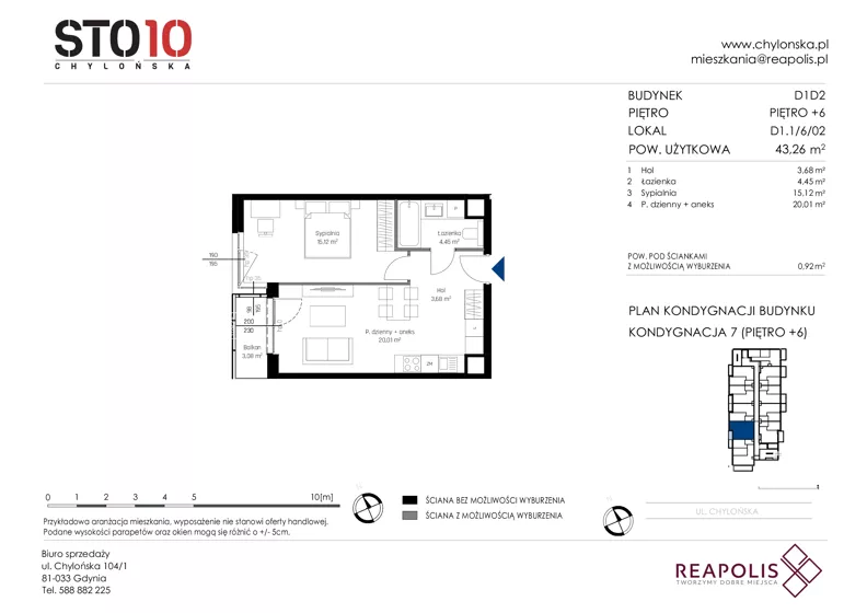 2 pokoje, mieszkanie 43,26 m², piętro 6, oferta nr CH110/M/D1.1.6.02, STO10 Chylońska - Etap 4, Gdynia, Chylonia, ul. Chylońska 110, 110c