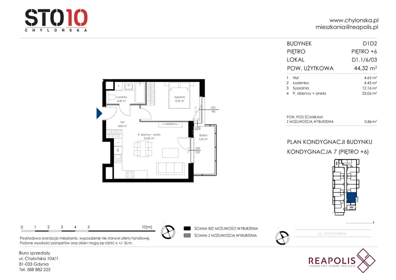 2 pokoje, mieszkanie 44,32 m², piętro 6, oferta nr CH110/M/D1.1.6.03, STO10 Chylońska - Etap 4, Gdynia, Chylonia, ul. Chylońska 110, 110c