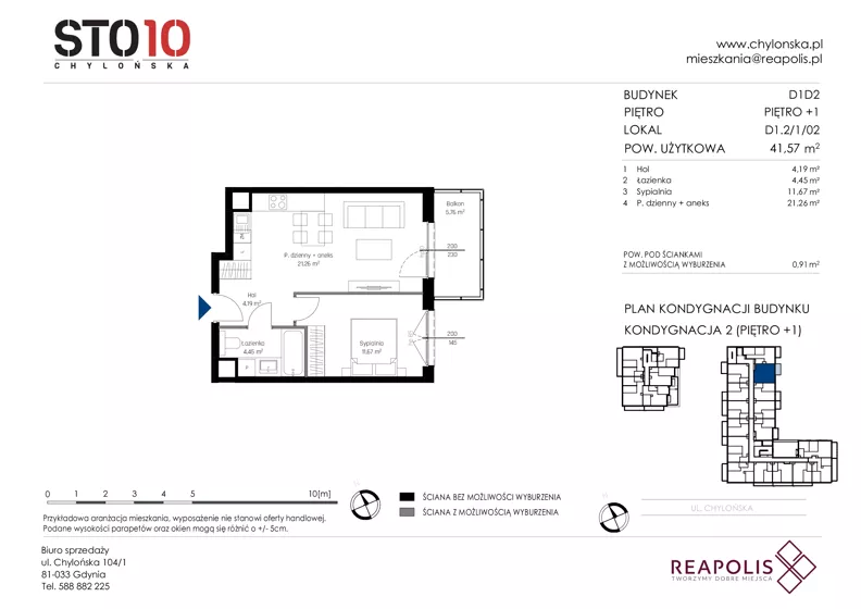 2 pokoje, mieszkanie 41,57 m², piętro 1, oferta nr CH110/M/D1.2.1.02, STO10 Chylońska - Etap 4, Gdynia, Chylonia, ul. Chylońska 110, 110c
