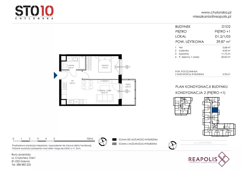 2 pokoje, mieszkanie 39,87 m², piętro 1, oferta nr CH110/M/D1.2.1.03, STO10 Chylońska - Etap 4, Gdynia, Chylonia, ul. Chylońska 110, 110c
