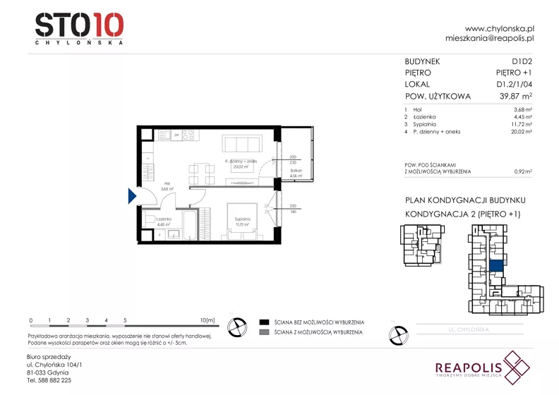 2 pokoje, mieszkanie 39,87 m², piętro 1, oferta nr CH110/M/D1.2.1.04, STO10 Chylońska - Etap 4, Gdynia, Chylonia, ul. Chylońska 110, 110c