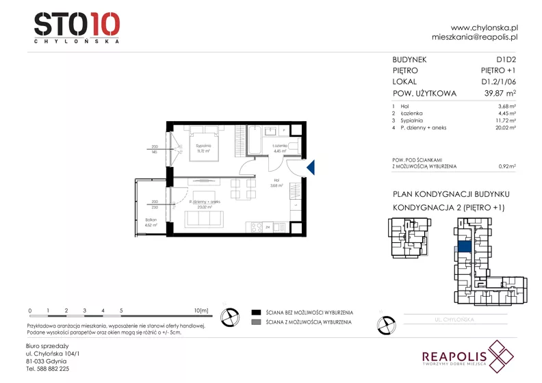 2 pokoje, mieszkanie 39,87 m², piętro 1, oferta nr CH110/M/D1.2.1.06, STO10 Chylońska - Etap 4, Gdynia, Chylonia, ul. Chylońska 110, 110c