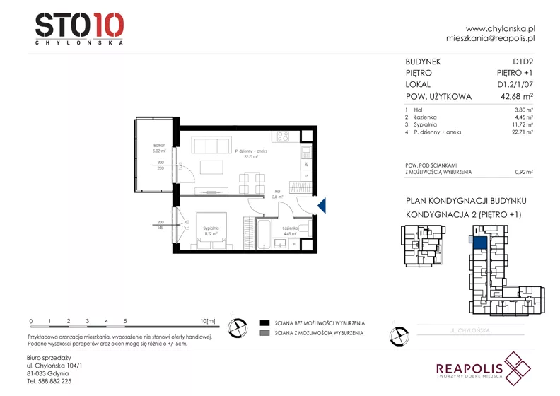 2 pokoje, mieszkanie 42,68 m², piętro 1, oferta nr CH110/M/D1.2.1.07, STO10 Chylońska - Etap 4, Gdynia, Chylonia, ul. Chylońska 110, 110c