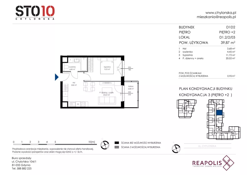2 pokoje, mieszkanie 39,87 m², piętro 2, oferta nr CH110/M/D1.2.2.03, STO10 Chylońska - Etap 4, Gdynia, Chylonia, ul. Chylońska 110, 110c