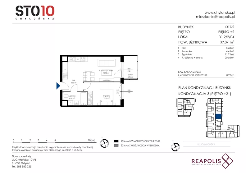 2 pokoje, mieszkanie 39,87 m², piętro 2, oferta nr CH110/M/D1.2.2.04, STO10 Chylońska - Etap 4, Gdynia, Chylonia, ul. Chylońska 110, 110c