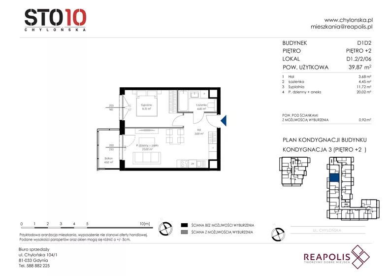 2 pokoje, mieszkanie 39,87 m², piętro 2, oferta nr CH110/M/D1.2.2.06, STO10 Chylońska - Etap 4, Gdynia, Chylonia, ul. Chylońska 110, 110c