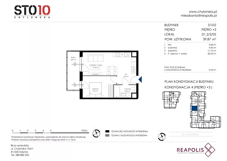 2 pokoje, mieszkanie 39,87 m², piętro 3, oferta nr CH110/M/D1.2.3.05, STO10 Chylońska - Etap 4, Gdynia, Chylonia, ul. Chylońska 110, 110c